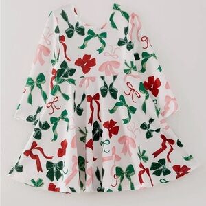 NEW Girls Green Pink Red Christmas Bow Dress